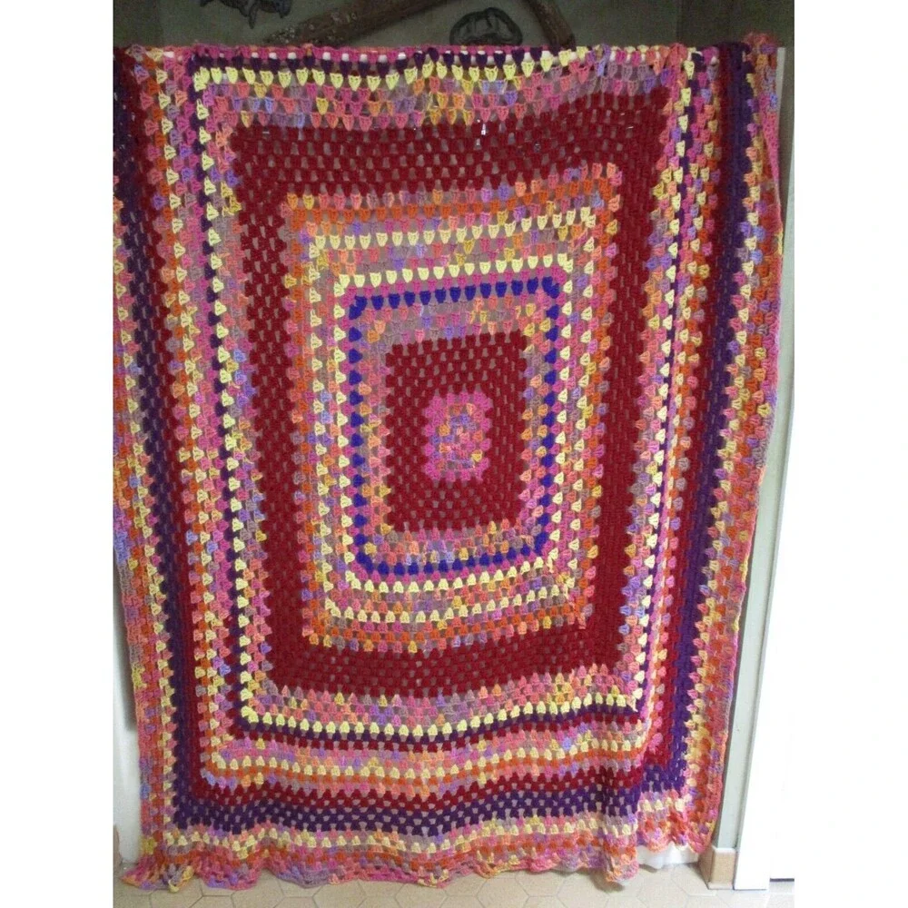 Vintage Hand Crochet Granny Rainbow Squares Afghan‎ Throw Blanket 58